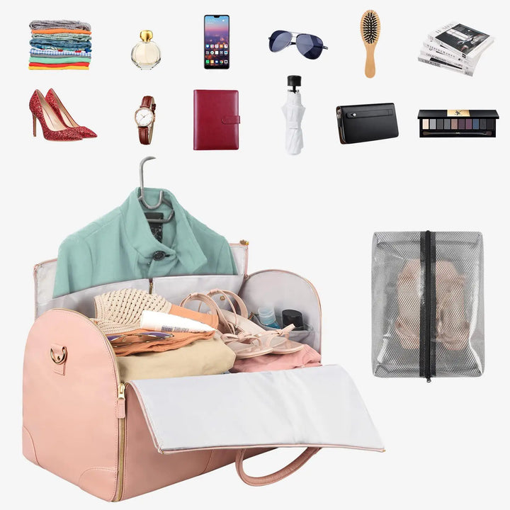 Neatly packed interior of women's carry-on luggage, showing efficient smart organization for vacation travel.