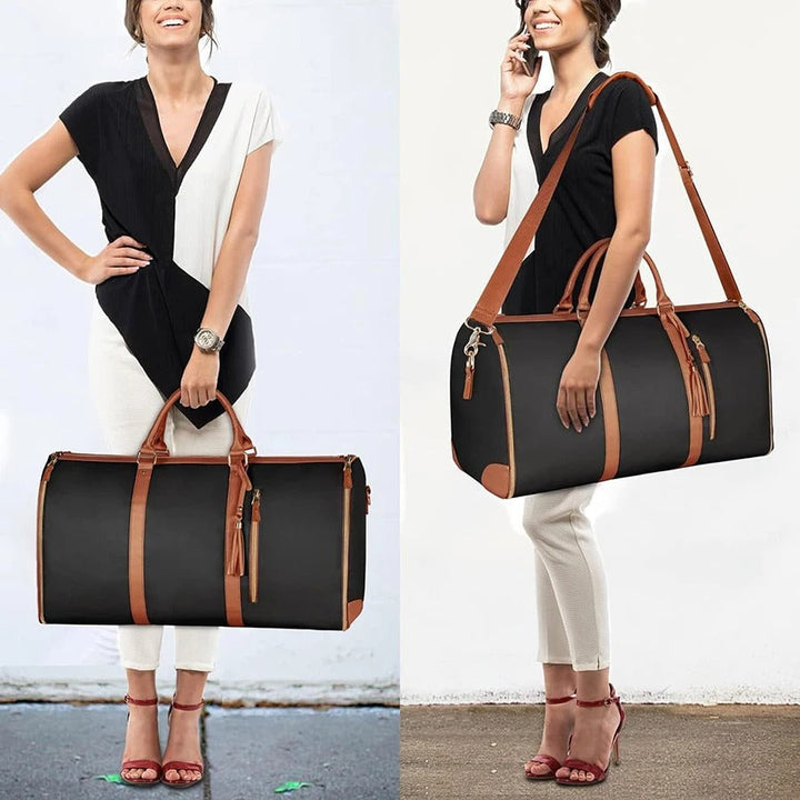 Women's foldable travel bag with smart sleeve, easily attaches to luggage for convenient vacation carrying.