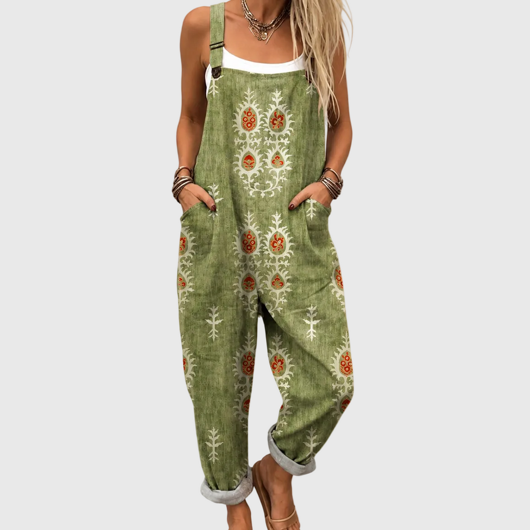 Women's folk olive relaxed fit overalls jumpsuit with adjustable straps, perfect for comfortable casual spring wear.