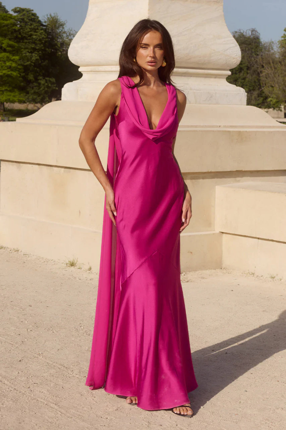 Stunning fuchsia cowl neck maxi dress for women, featuring a chic open back, perfect for evening wear.