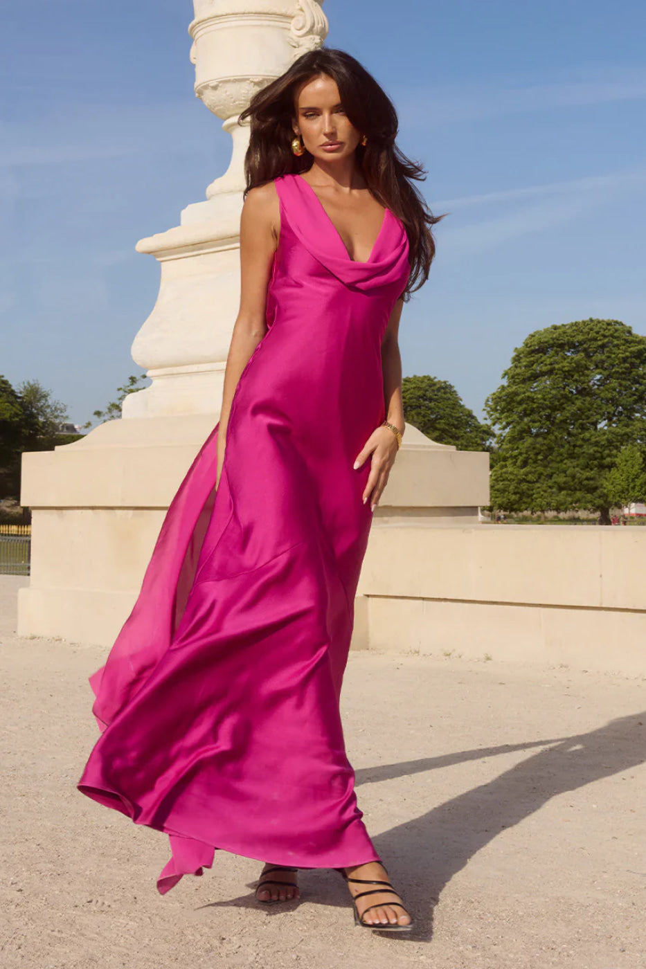 Vibrant fuchsia cowl neck maxi dress for women, designed for formal wear, special occasions & events.