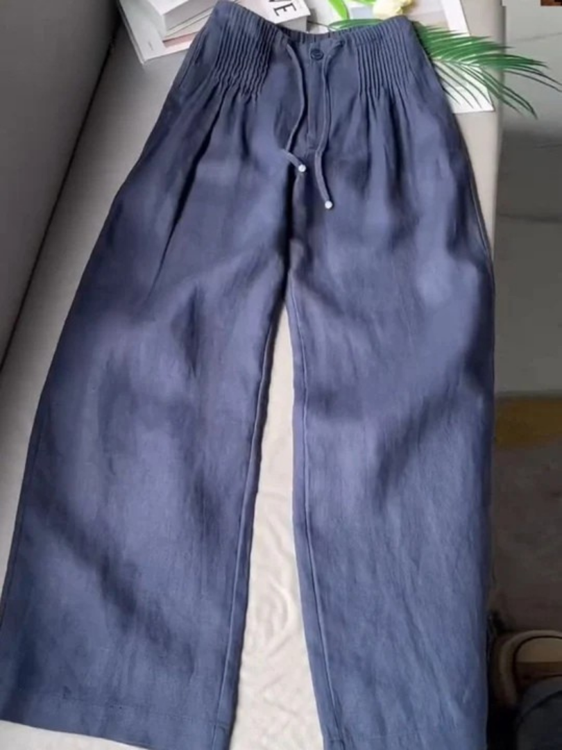 Women's full-length straight leg trousers with elastic waist & drawstring. Comfortable & chic casual pants.