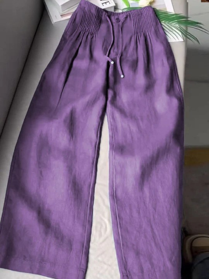 Women's fashion straight leg trousers, full length. Chic casual pants with elastic drawstring waist. Versatile.