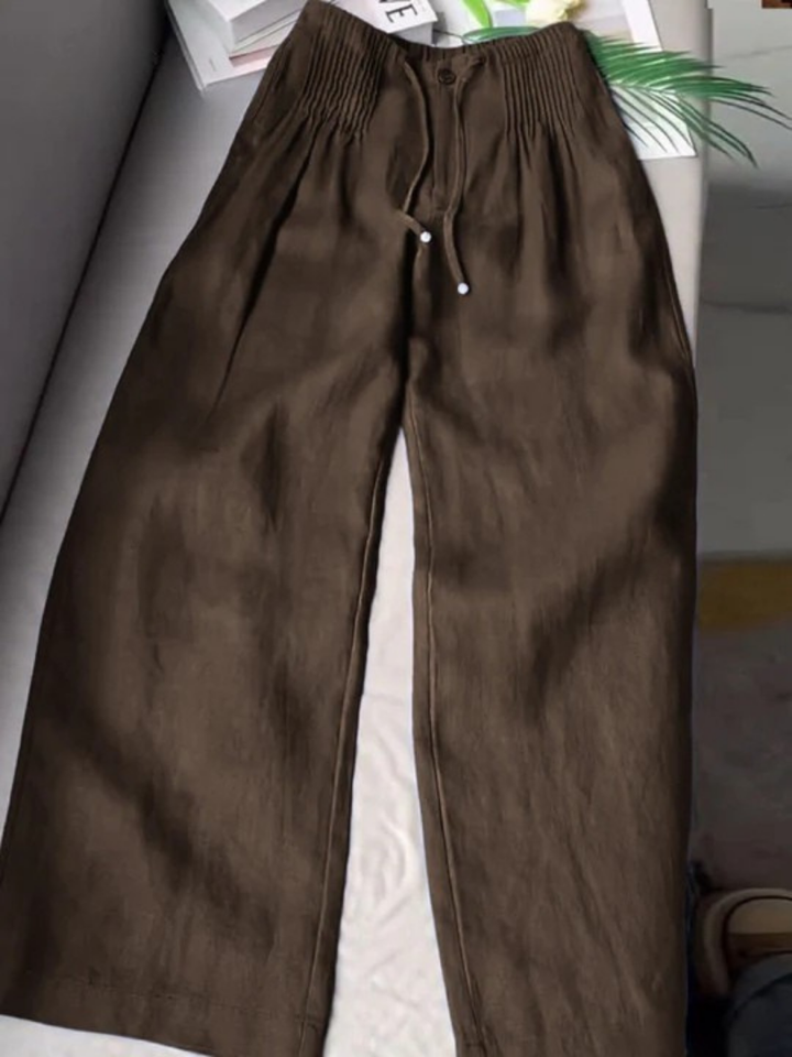 Soft-touch women's full-length straight leg trousers. Elegant pull-on pants with elasticated drawstring waist.