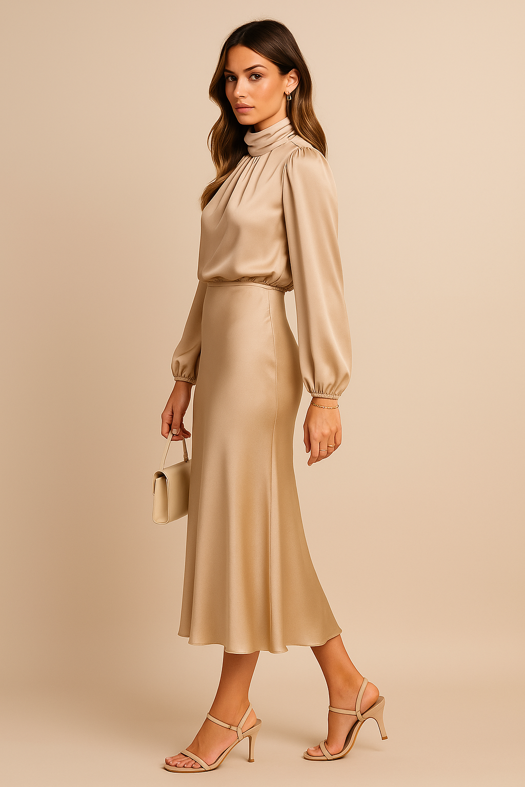 Formal women's midi dress, gathered fabric, mock neck, flattering flared cut.