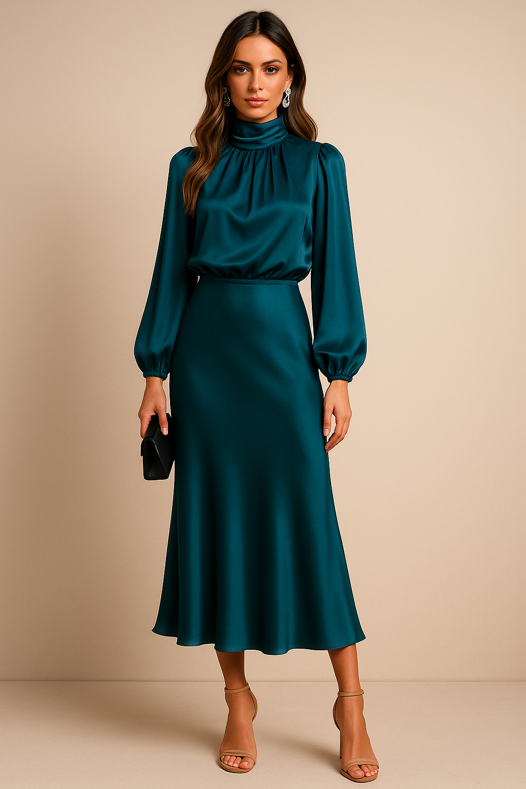 Women's fashion midi dress, mock neck, gathered bodice, flared hem, perfect for events.