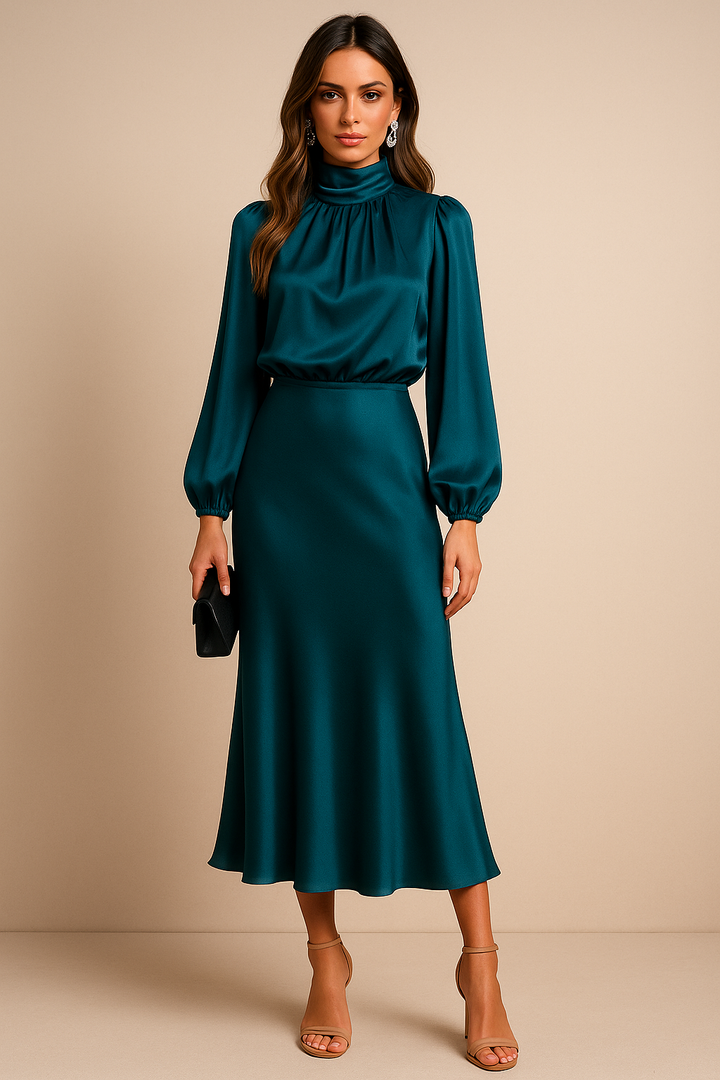 Women's fashion midi dress, mock neck, gathered bodice, flared hem, perfect for events.