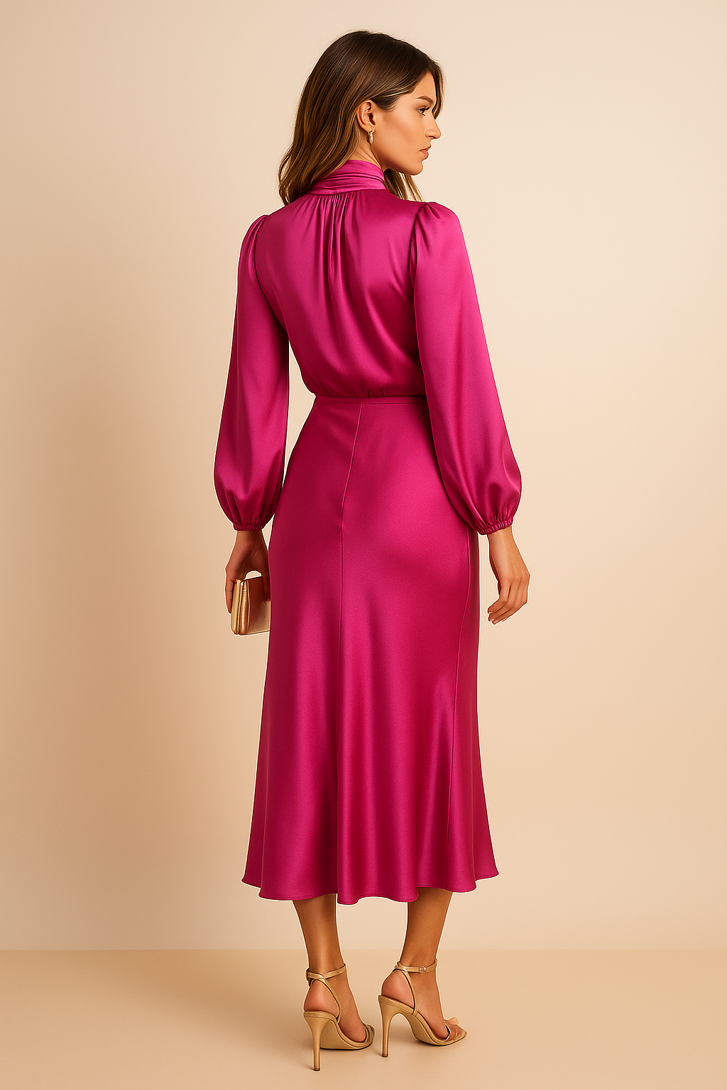Women's occasion wear: gathered mock neck flared midi dress, comfortable & stylish.