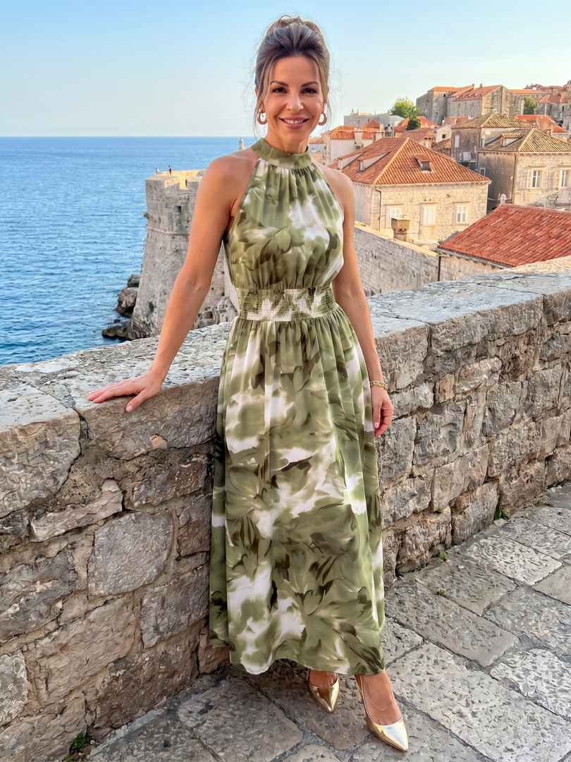 Elegant abstract print midi dress with gathered waist, ideal for women's parties & events.