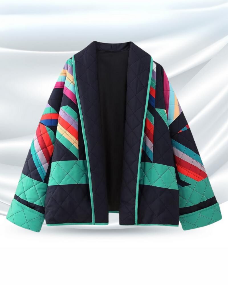 Trendy women's open front quilted jacket, multi-color geometric print. Comfortable, relaxed fit long sleeve outerwear.