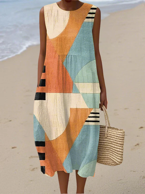 Women's geometric print sleeveless midi dress. Modern, versatile style for casual elegance or day-to-night wear. Flattering fit.