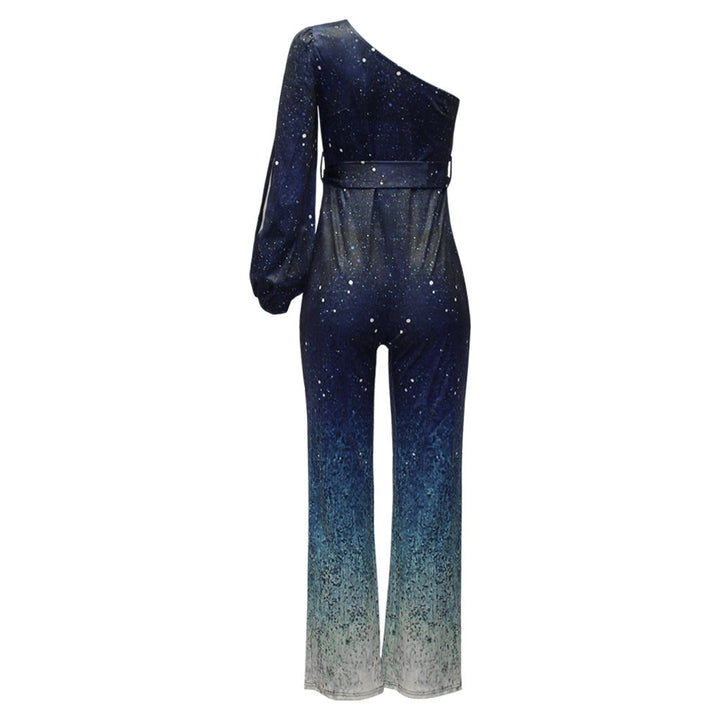 Stylish women's one-shoulder wide-leg sequin jumpsuit in blue, a chic and glamorous evening wear option.