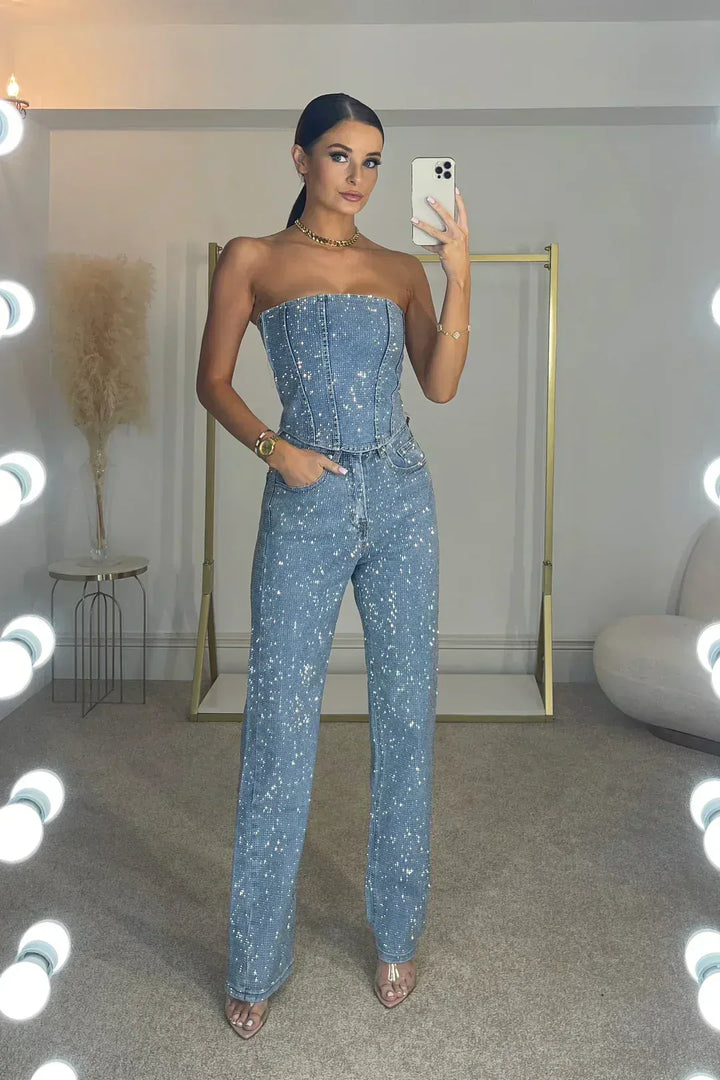 Flowing wide leg pants fabric detail from women's sequin set, ensuring comfort and style for evening events.
