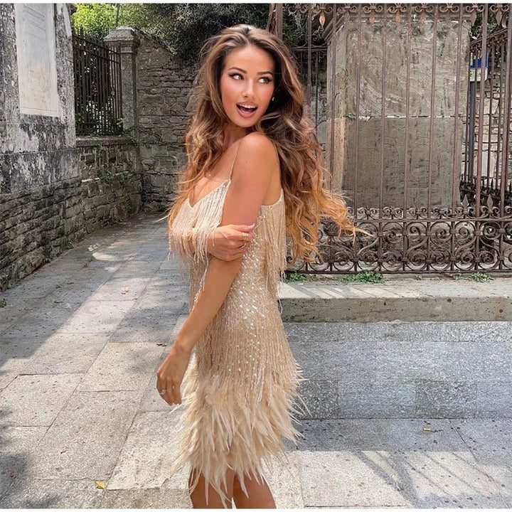 Women's fashionable sequin fringe mini dress, perfect for dancing & special occasions.