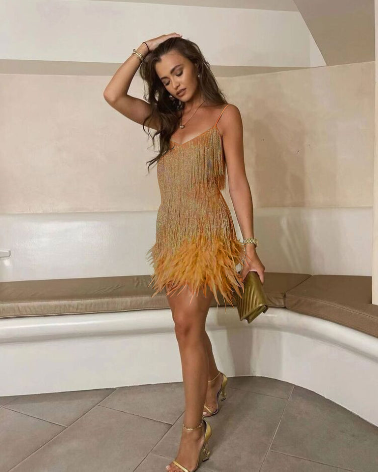 Fashionable women's sequin fringe mini dress, ideal for glamorous special occasions.