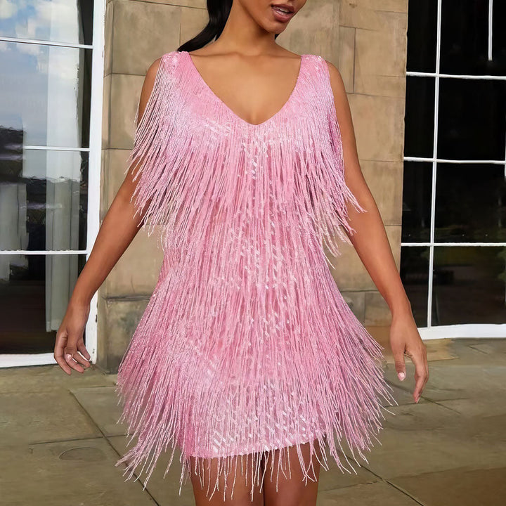 Sleeveless sequin and fringe cocktail dress for women. Glamorous design perfect for summer parties & evening events.