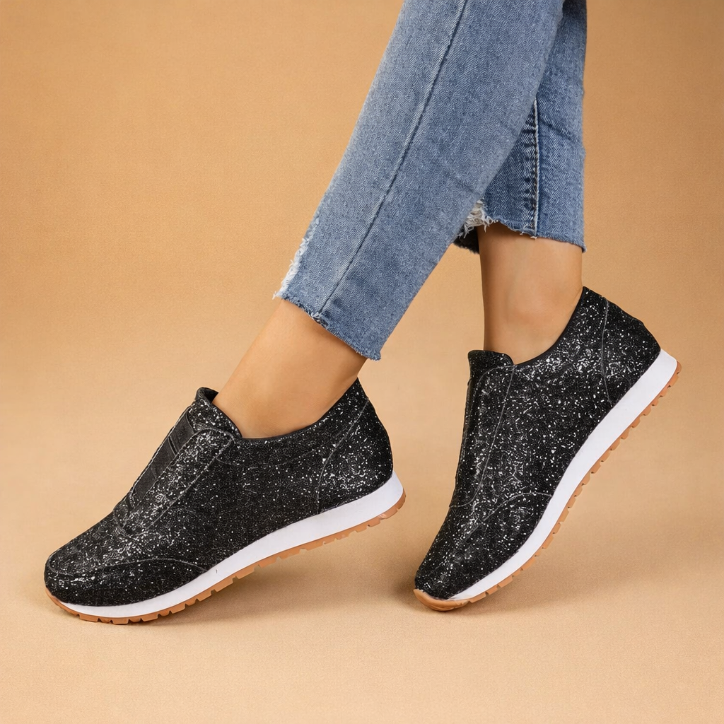 Women's glitter slip-on sneakers, comfortable and stylish casual footwear.