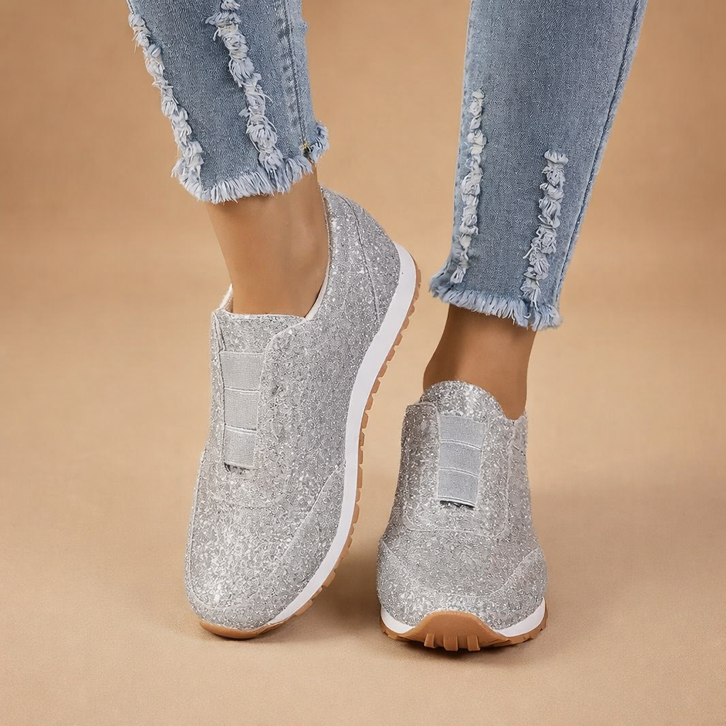 Everyday shoes for women: comfortable slip-on sneakers with a glitter accent.