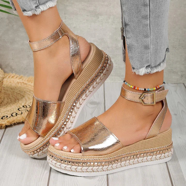 Women's gold metallic orthopedic espadrille sandals with adjustable ankle strap for comfort & foot support.