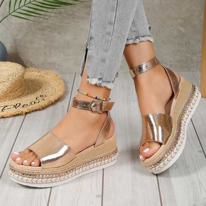 Elegant women's metallic espadrille sandals. Orthopedic design with ankle strap for summer comfort & style.