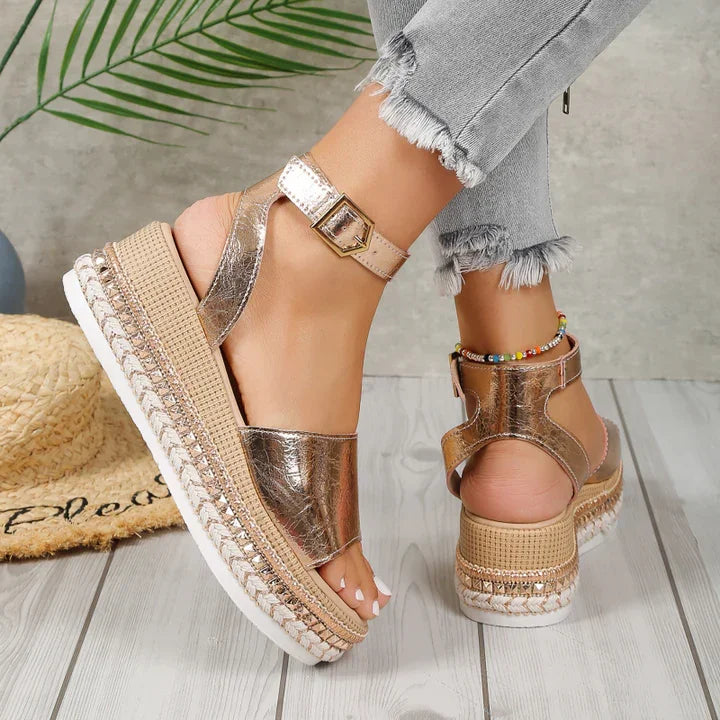 Gold metallic orthopedic espadrille sandals for women. Provides foot support, comfort & casual summer style.