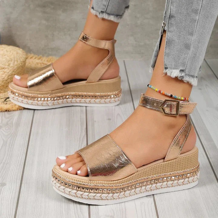 Women's elegant metallic espadrille sandals. Orthopedic comfort & foot support with stylish ankle strap.