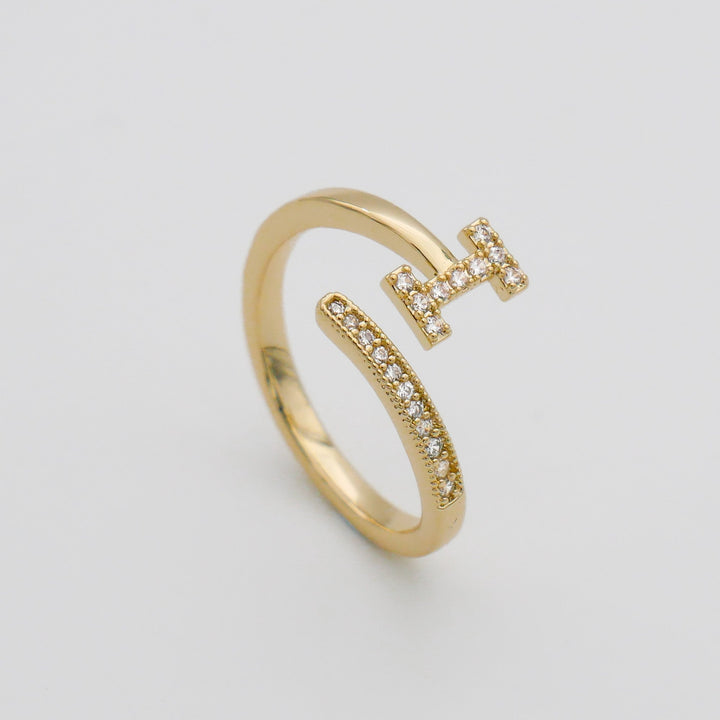 Adjustable initial ring, pave design, silver tone, a thoughtful personalized gift.