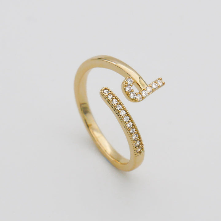 Women's gold plated custom pave initial ring, adjustable and stylish.