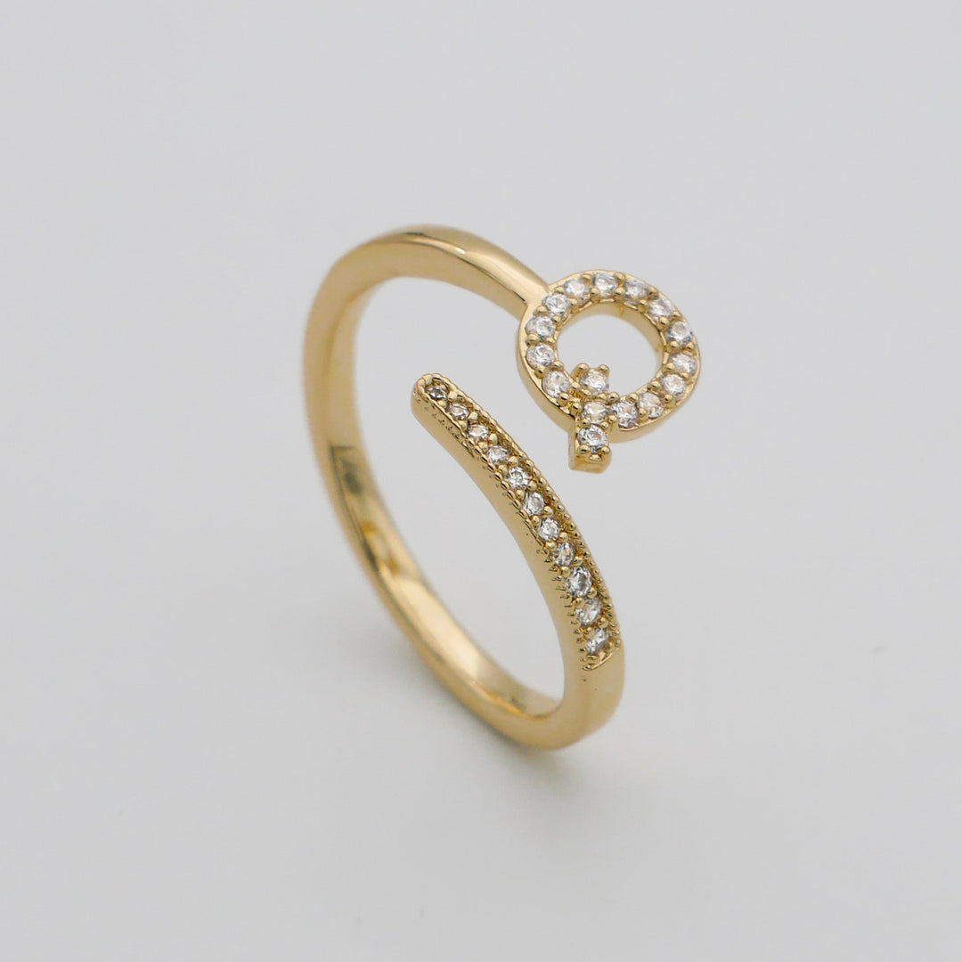 Gold plated adjustable ring with a dazzling pave letter, women's custom jewelry.