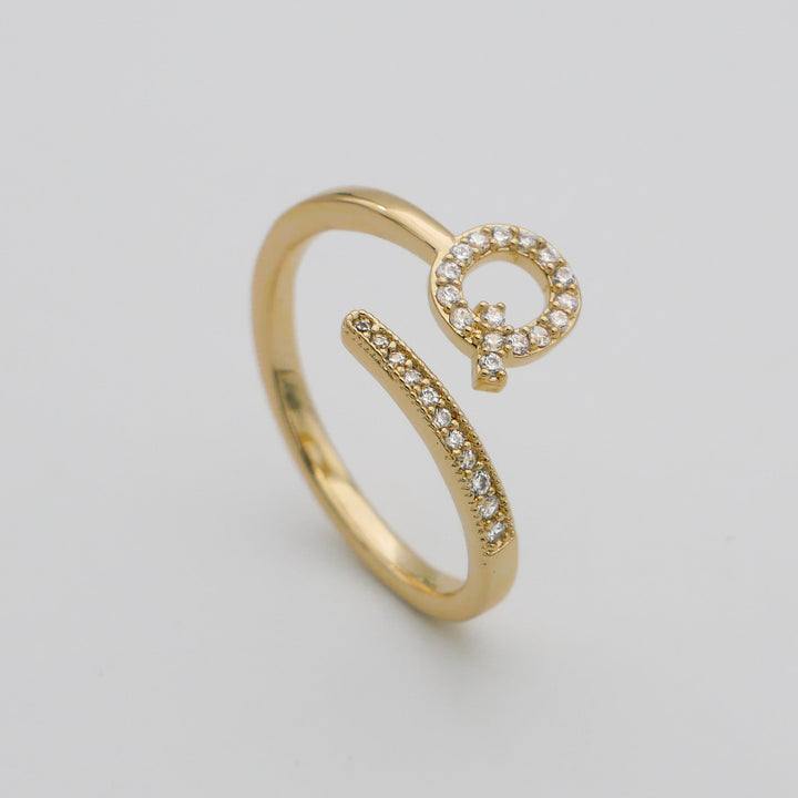 Gold plated adjustable ring with a dazzling pave letter, women's custom jewelry.