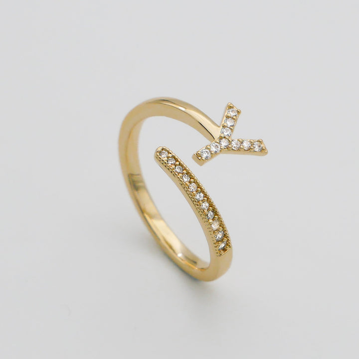 Personalized gold tone adjustable ring, pave initial, a charming custom gift.