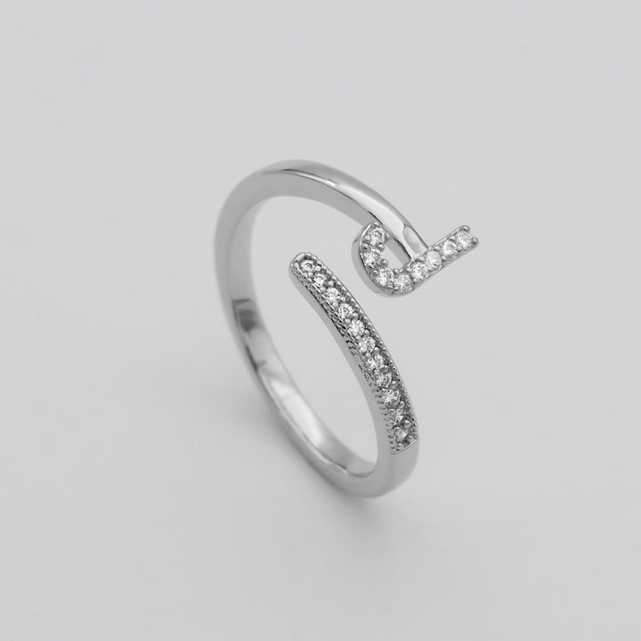 Women's gold plated adjustable initial ring, pave embellished, a custom delight.