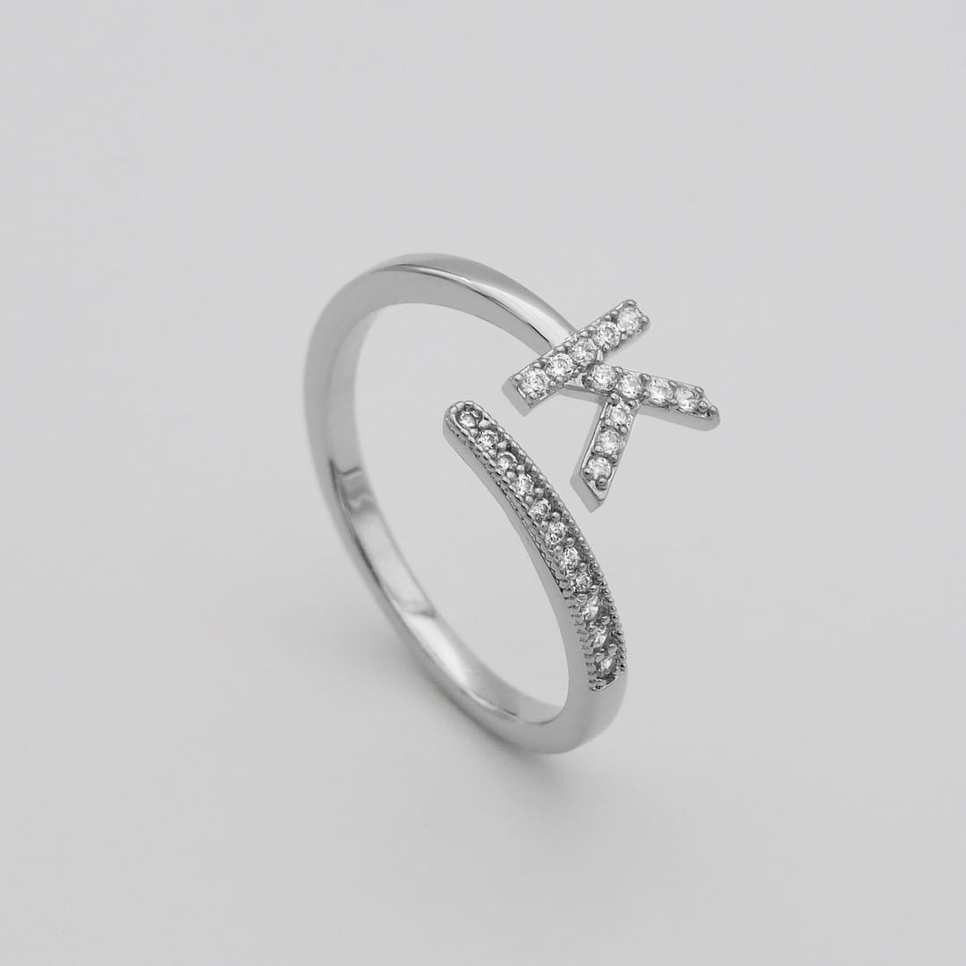 Silver plated adjustable pave initial ring, personalized jewelry for her.
