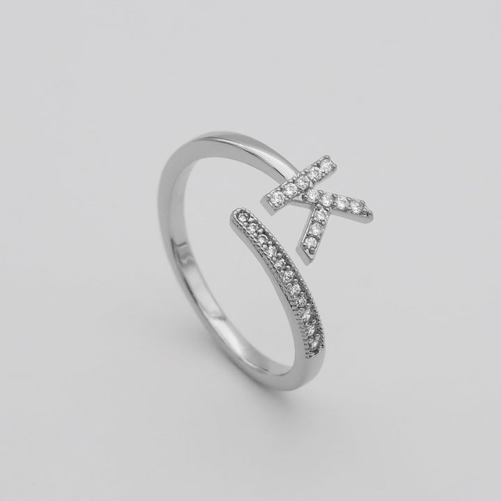 Silver plated adjustable pave initial ring, personalized jewelry for her.