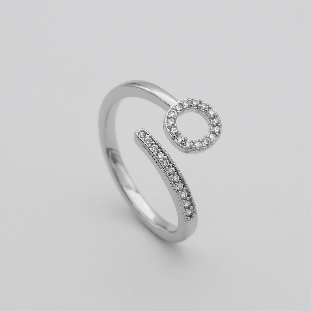 Custom pave initial adjustable ring, silver tone, a modern personalized gift.