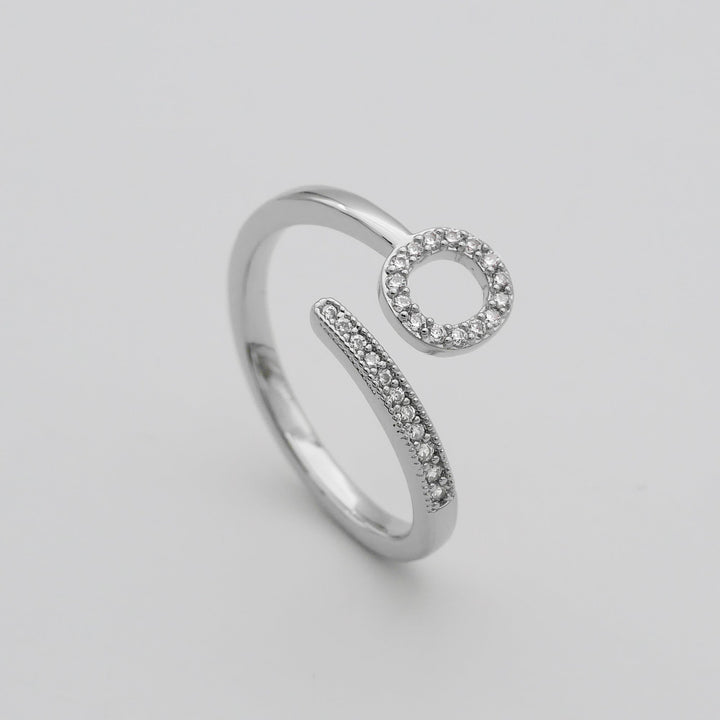 Custom pave initial adjustable ring, silver tone, a modern personalized gift.