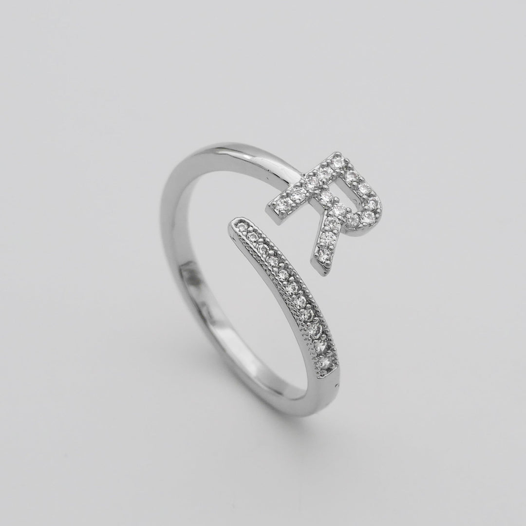 Women's personalized pave initial adjustable ring, gold finish.