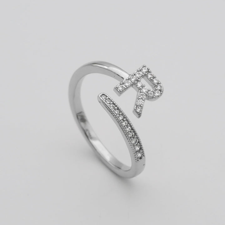 Women's personalized pave initial adjustable ring, gold finish.