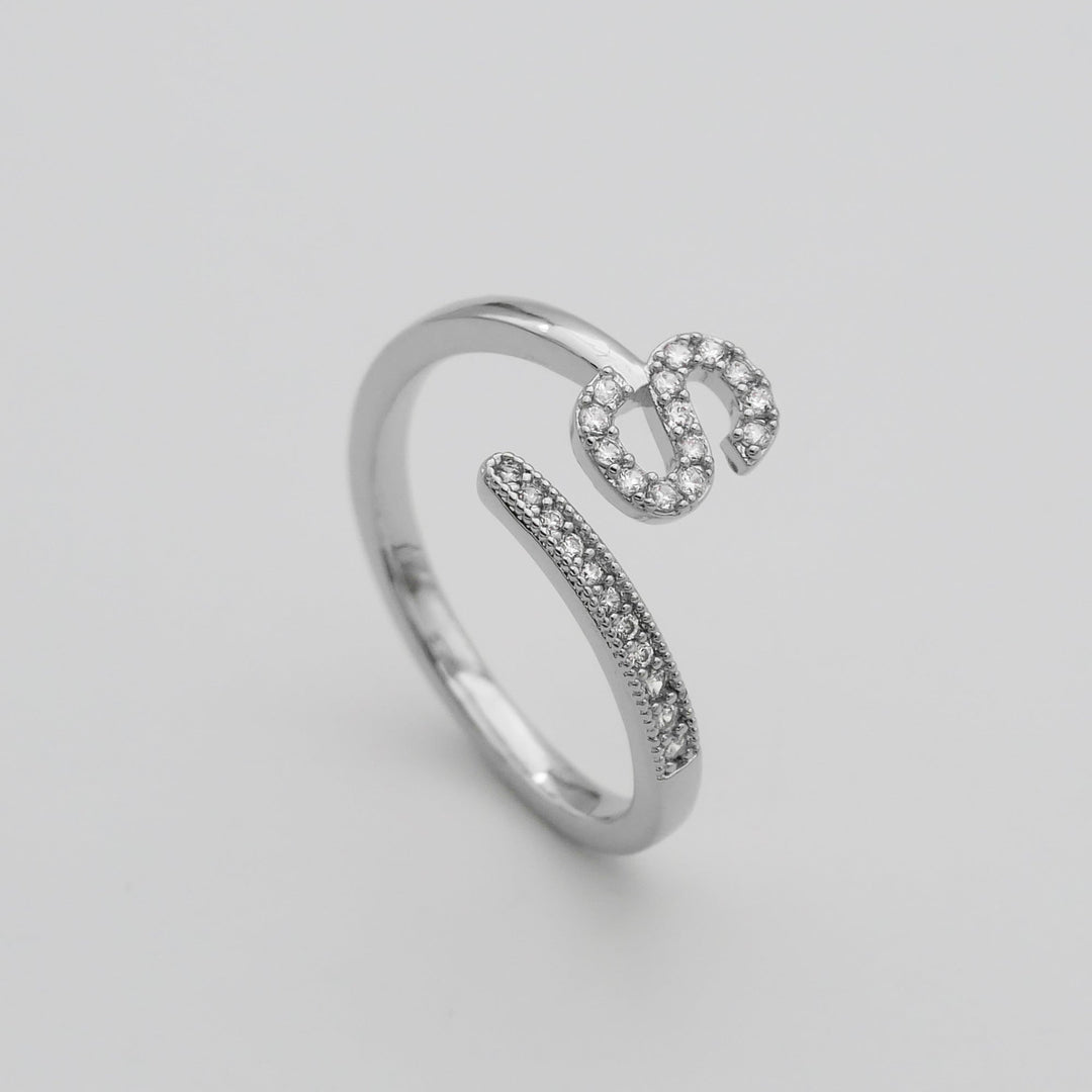 Adjustable custom initial ring, silver plated, pave detailing, for women.