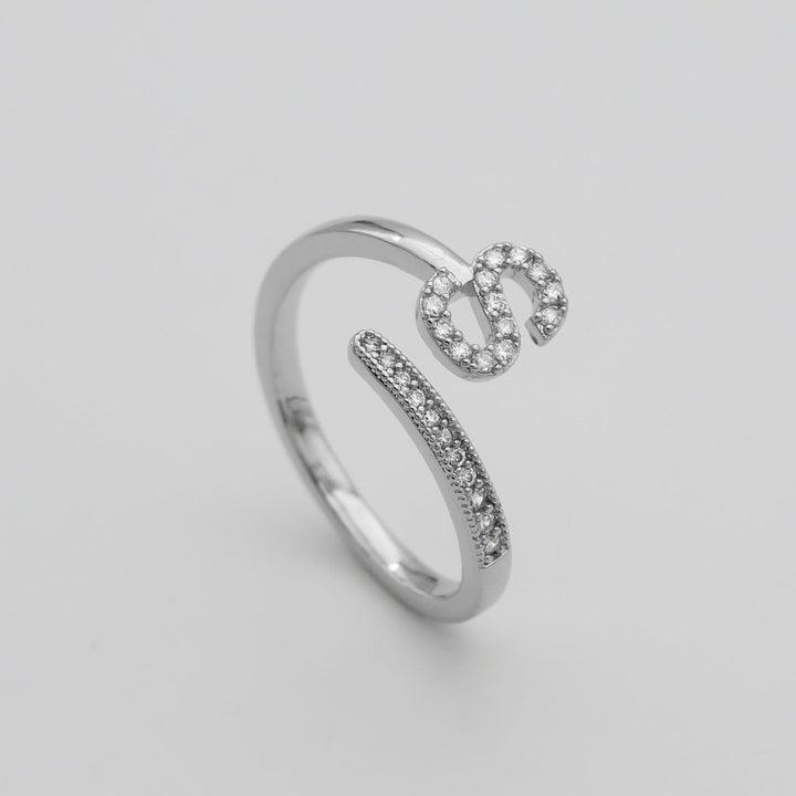 Adjustable custom initial ring, silver plated, pave detailing, for women.