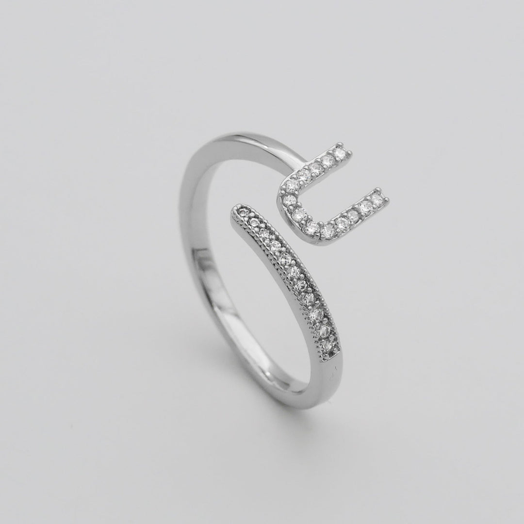 Silver tone personalized pave initial adjustable ring, subtle yet striking.