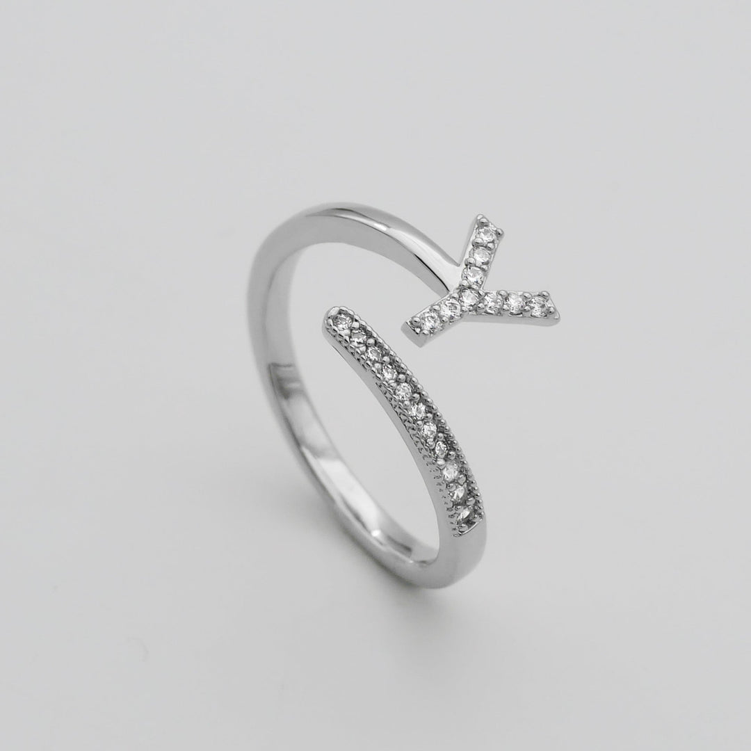Silver plated adjustable ring with a sparkling pave initial, custom made.