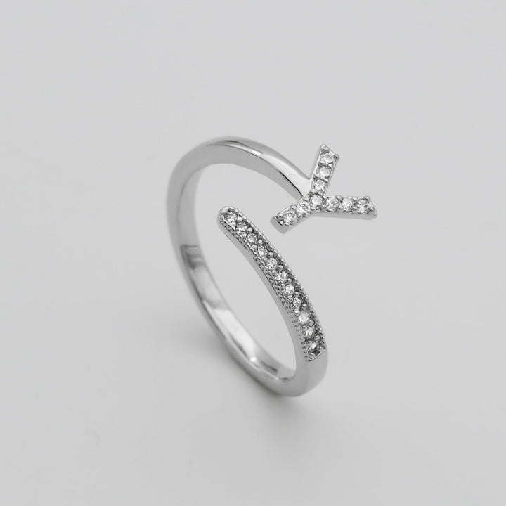 Silver plated adjustable ring with a sparkling pave initial, custom made.