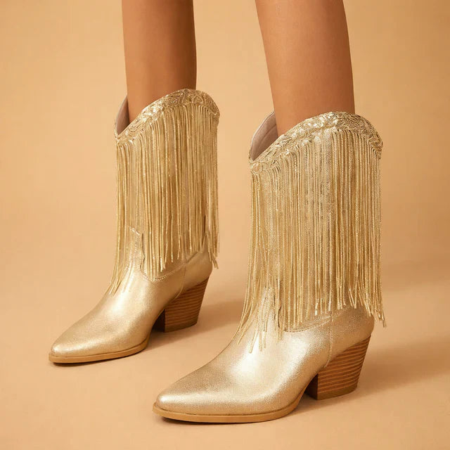 Stylish silver Western-style ankle boots for women, featuring fringes, pointed toe & block heel.