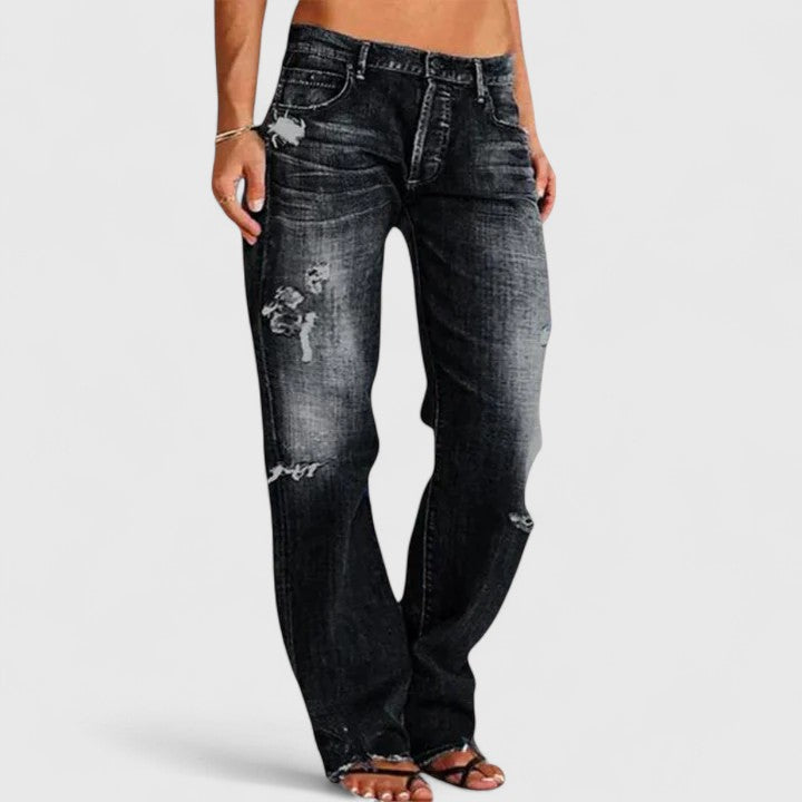 Stylish low-rise wide-leg women's jeans by Grace, crafted from comfortable, quality blue denim for a flattering look.