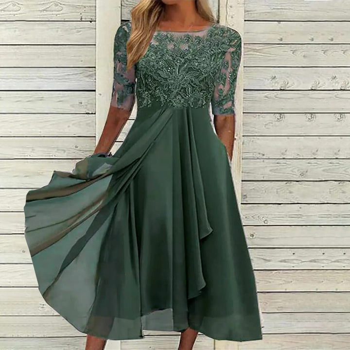Elegant green women's long evening dress, a beautiful formal gown suitable for cocktail parties & special events.