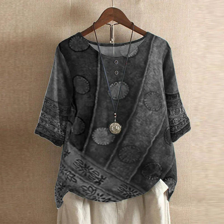 Fashionable women's graphic print crew neck blouse, medium sleeve. Perfect for summer & autumn.