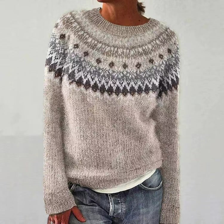 Women's gray Fair Isle crew neck sweater. Cozy winter knitwear pullover with long sleeves for warmth & casual comfort.