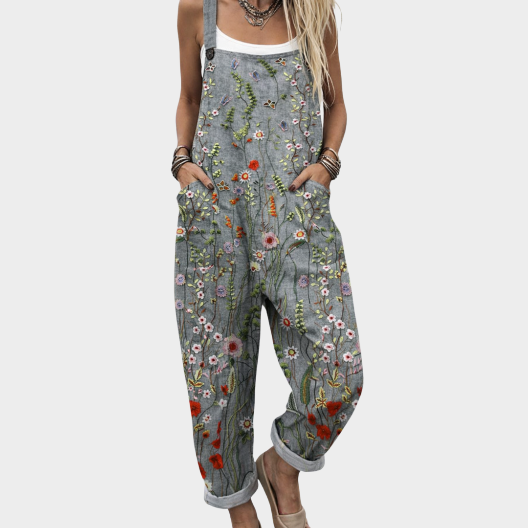 Women's gray floral printed loose-fit overalls, comfortable & casual with wide legs, ideal for summer.