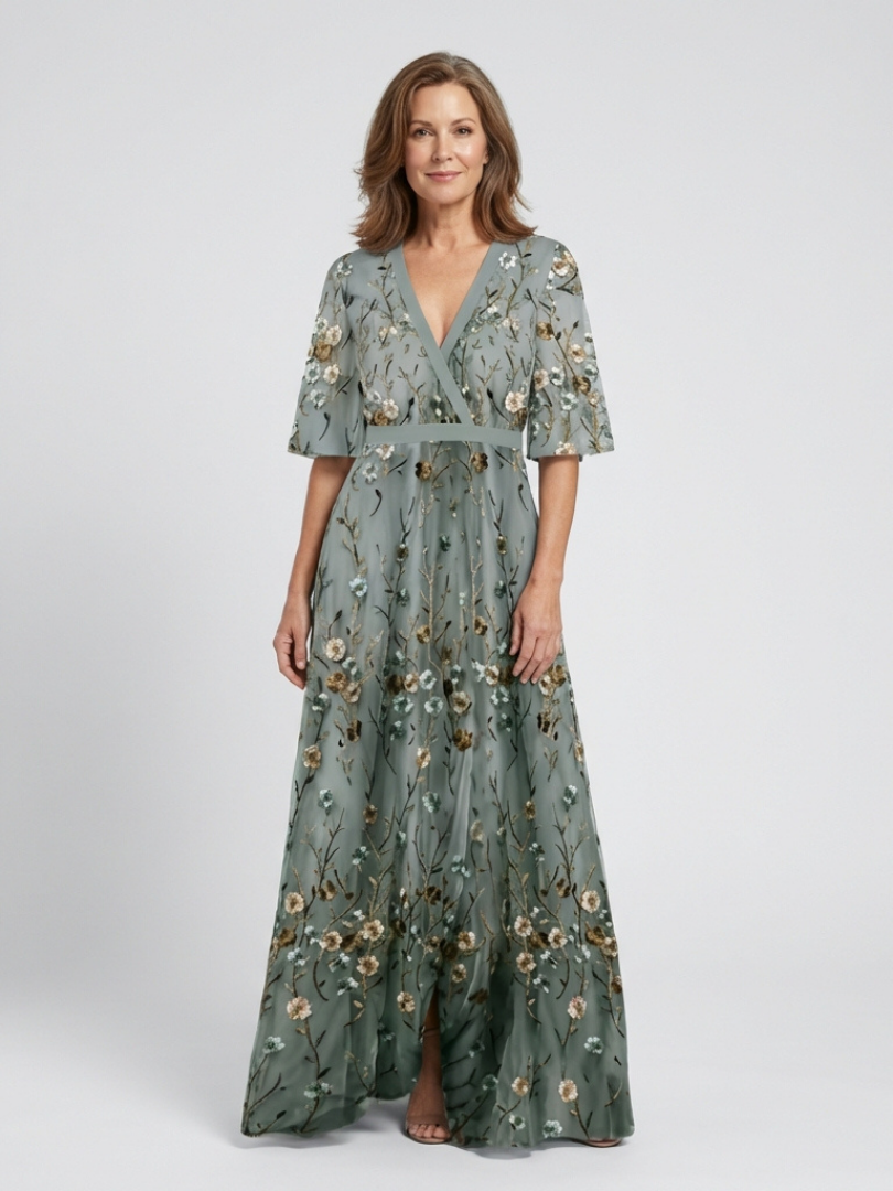 Women's green floral V neck short sleeve maxi dress, perfect for elegant evening parties & special occasions.
